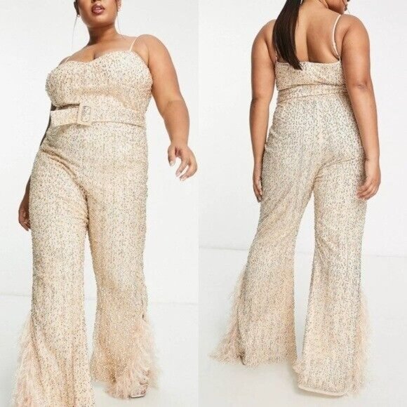 ASOS Pants - ASOS LUXE NWT Curve Embellished Belted Jumpsuit Plus Size 26 Neutral Color